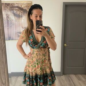 Floral V-Neck Tie-Waist Midi Dress in Peach and Teal